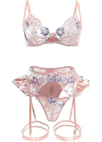 Пудровий демісезонний ніжний комплект alice бюстгальтер пояс з гартерами трусики, жіночий комплект білизни з квіткового мережива No Brand комплект Alice пудра