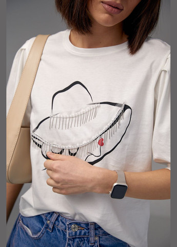 Молочна літня жіноча футболка з рукавами-ліхтариками та принтом капелюшки 28356 з коротким рукавом Lurex