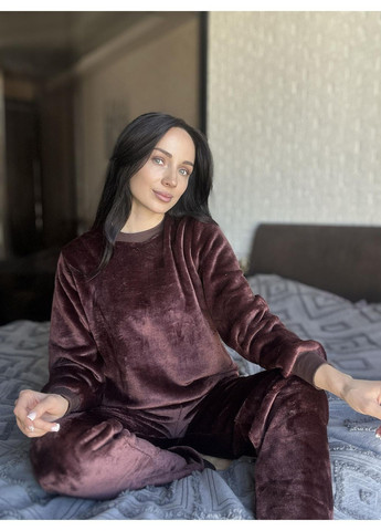 Темно-коричнева всесезон тепла жіноча піжама з велсофту світшот + брюки Vakko