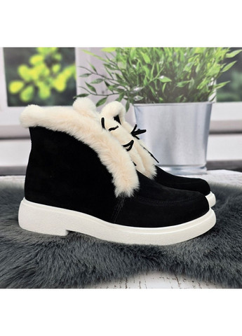Зимние женские зимние ботинки из натуральной замши черные с белым меховым опушением AMIR из натуральной замши