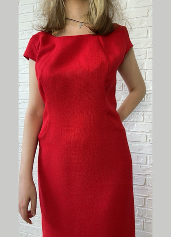 Красное повседневный, кэжуал красное однотонное льняное летнее женское платье-футляр миди платье-футболка, футляр No Brand однотонное