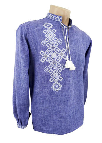 Синя чоловіча вишиванка фламінго біле по синьому НоКо візерунок орнамент вільна, пряма габардин (308861642)