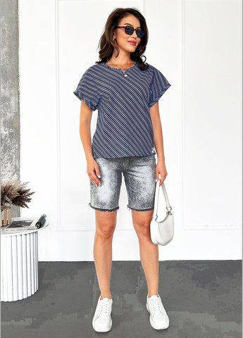 Тёмно-синяя легкая женская блуза из натурального хлопка INNOE Блуза-футболка