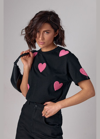 Чорна літня жіноча трикотажна футболка з сердечками 82792 з коротким рукавом Lurex