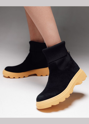 Осенние ботинки с текстильным носком t01 37 черные с желтым замша RIPKA завязки из натуральной замши