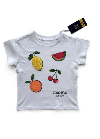 Коралловый летний комплект костюм для девочки белая футболка с фруктами + велосипедки коралловые трикотажные 2000-2 (104 см) OVS