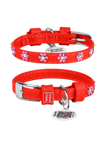 Ошейник для собак кожаный Glamour с QR паспортом, с клеевыми стразами "Цветочек", Ш 12 мм, Дл 21-29 см WAUDOG (333706204)