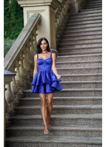 Светло-синее праздничный мини-платье с корсетным лифом и пышной многоярусной юбкой с пышной юбкой MonCher