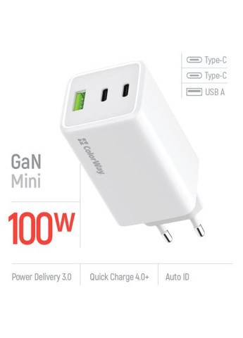 Зарядное устройство C101B GaN Mini 100W PD PPS 2xUSB-C+USB-A white (CW-CHS061PD-WT) Colorway C101B GaN Mini 100W PD PPS 2xUSB-C + USB-A white (369879822)