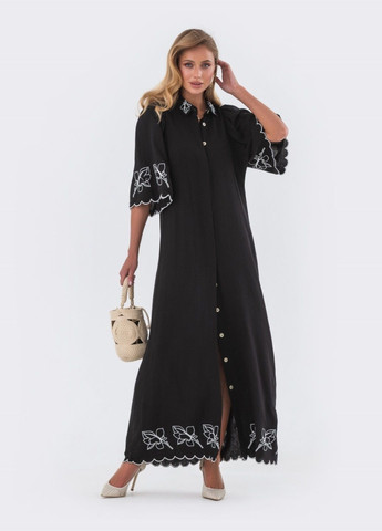 Черное длинное платье из льна с вышивкой чёрное Dressa