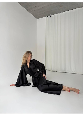 Женский длинный шелковый халат с кружевом Женский атласный халат макси с кружевной отделкой черный No Brand (371797260)