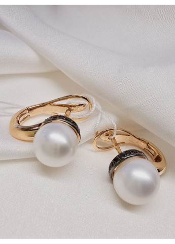 Золоті сережки з перлами та чорними фіанітами, червоне золото 585 проби 2191010101-1с SOVA jewelry house (355795750)