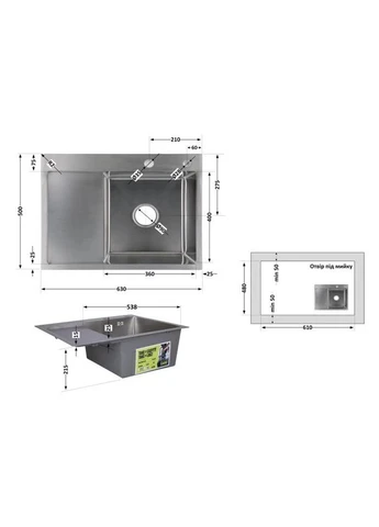 Мийка кухонна інтегрована H6350L 630x400x215 мм з крилом ліворуч LIDZ (402842157)