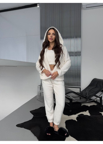 Молочная зимняя пижама 349 тройка турецкая двухсторонняя махра топ,штаны, кофта с капюшоном Україна