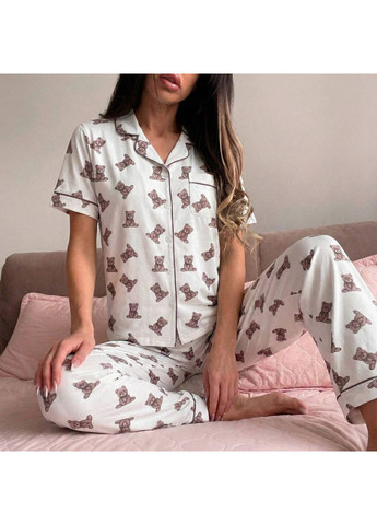 Молочна всесезон жіноча піжама з принтом сорочка + шорти + брюки Гермес