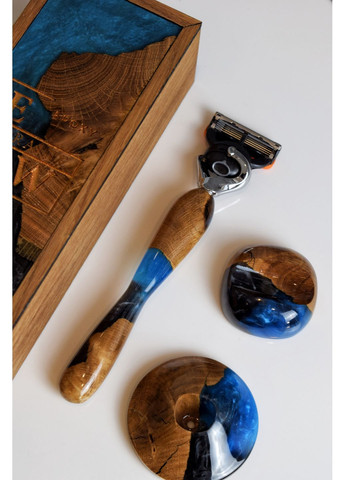 Набор подарочный Станок для бритья Серый и синий перламутр Коробка со смолой EpoxyWood Ukraine Округла (360898041)
