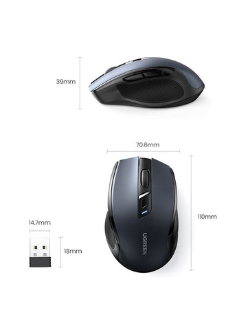 Мишка 2.4GHz MU006 Ergonomic, бездротова, 4000dpi., 4кн.,Silence Design, Чорна Ugreen (322617808)