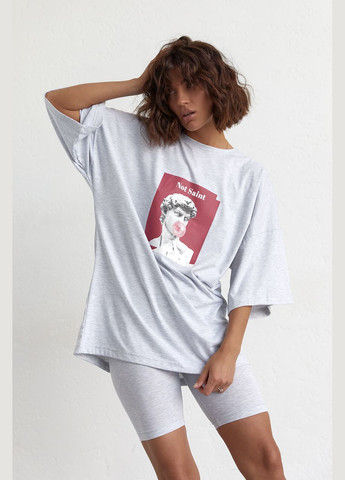 Жіночий костюм з футболкою oversize та велосипедками - світло-сірий колір, S (sku_1313) No Brand (315391001)