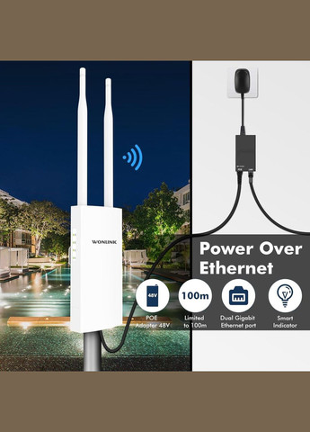 WONLINK AC1200 наружная WiFi точка доступа, двухдиапазонный WiFi ретранслятор, 2 порта Gigabit Ethernet, IP66 No Brand (338193300)