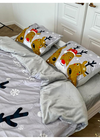 Постільна білизна Різдвяні Олені, сатин з плюшем Полуторний розмір, наволочки 50/70 No Brand (364220412)