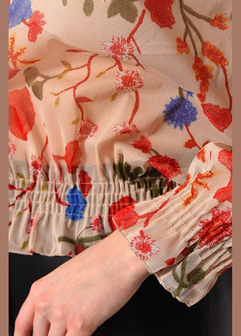 Бежевая демисезонная блуза женская в сеточку с принтом бежевого цвета с баской Let's Shop