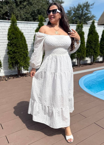 Белое повседневный изысканное легкое летнее макси платье прошва с подкладкой и длинными рукавами фонарик Tik-Tak однотонное