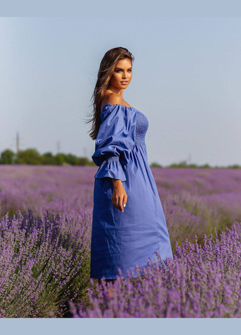 Синее повседневный платье меди из льна с открытыми рукавами а-силуэт MonCher