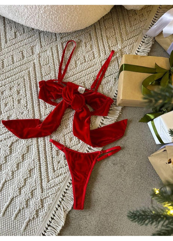 Червоний демісезонний оксамитовий комплект білизни / еротичний комплект із бантом / комплект бра і трусики з оксамиту No Brand