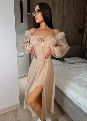 Бежевое повседневный изысканное легкое летнее платье меди с длинными рукавами фонарик и шнуровкой на спине. Allthings с цветочным принтом