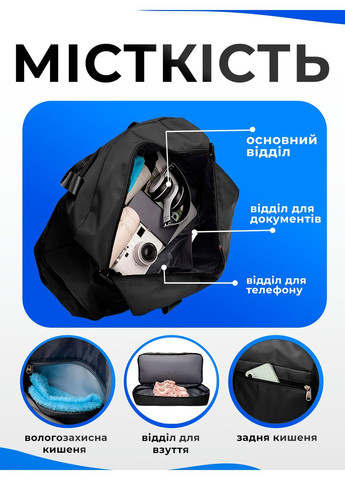 Спортивная сумка женская дорожная для путешествий фитнеса с отделением для обуви водонепроницаемая Черный 73722 OnePro (362382683)