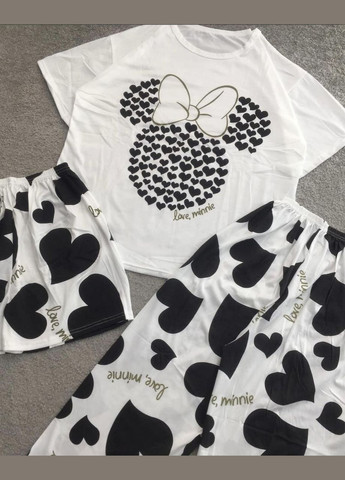 Белая всесезон стильная женская пижама 3 в 1 пижамный комплект с принтом love minni maus футболка шорты и брюки футболка + шорты + брюки No Brand Піжама