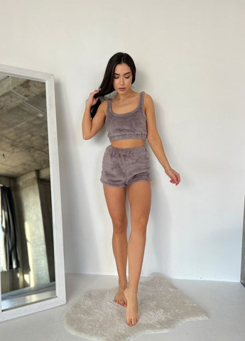 Кавовий демісезонний махровий костюм: топ + шорти No Brand