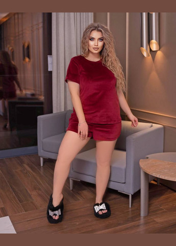 Бордовая всесезон пижама женская шорты и футболка велюровая 2 в 1 футболка + шорты No Brand