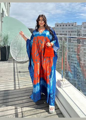 Блакитна повсякденний, пляжна, коктейльна сукня туніка жіноча довга великий розмір No Brand з орнаментом