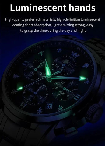 Мужские часы 3655 Black Natural стильный наручный кварцевый хронограф с датой и фазами луны Olevs (354820479)