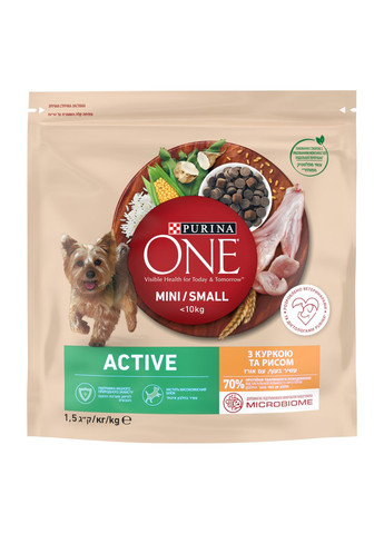 Сухий корм Mini/Small Active для дорослих собак з підвищеною активністю, з куркою та рисом, 1,5 кг PURINA ONE (330007569)