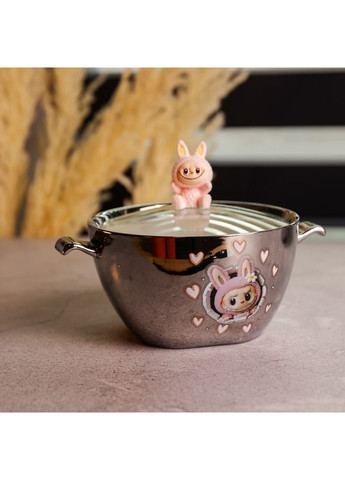 Бульйонниця порцелянова Labubu з кришкою та ручками 800 (мл) Ø15 (см) дитяча тарілка для супу та локшини Сріблястий з рожевим Yiwu (370800379)