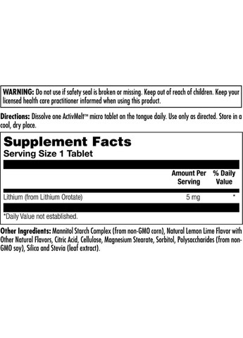 Витамины и минералы Lithium Orotate 5 mg, 90 микро таблеток Лимон-лайм KAL (293340326)