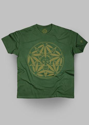 Темно-зеленая футболка. Авторский принт. Пентаграмма, Бафомет (Сатана), канабис от Art Forest (292732480)