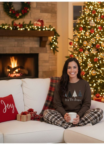 Коричневая зимняя пижама женская теплая "праздничный уют" Cosy