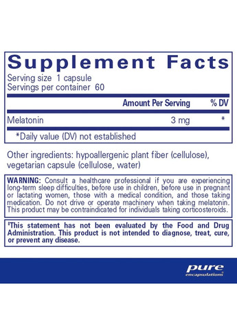 Мелатонин (Melatonin) 3 мг, 60 капсул. Pure Encapsulations (361114988)