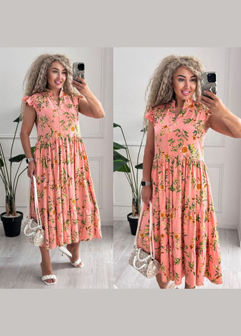 Персиковое повседневный, кэжуал женское платье Україна с цветочным принтом