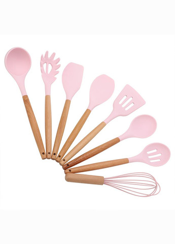 Набор кухонных принадлежностей из силикона и дерева с подставкой Kitchen Set 12 предметов Розовый (HA-50) No Brand (334011307)