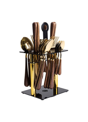 Набір столових приборів на 6 персон з дерев'яними ручками на підставці столові прибори 24 шт Золото HP-20-2 Yiwu (369142950)