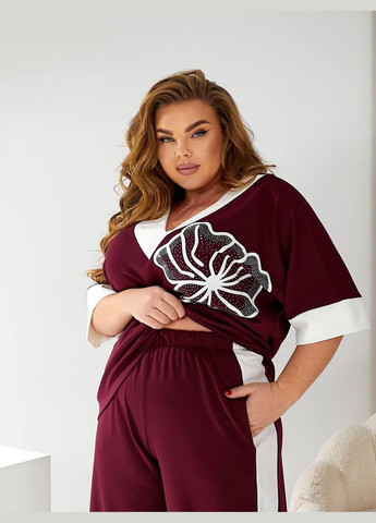 Женский брючный костюм батал марсала — большой размер, свободный крой, на каждый день и праздник No Brand Костюм комплект (340915092)