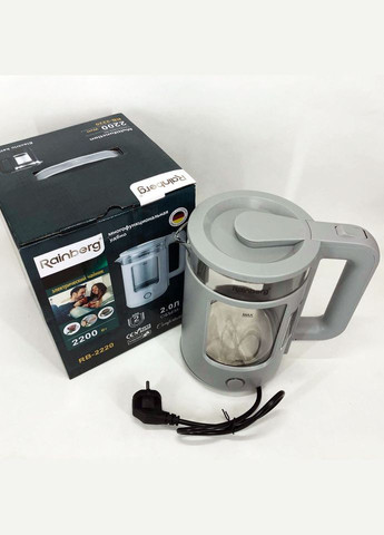 Електрочайник RB-2220 скляний дисковий прозорий. Чайник із підсвічуванням 2200 Вт. Колір: сірий Rainberg (364664954)