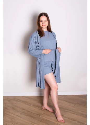 Жіночий домашній комплект (халат + футболка + шорти) 44-50р рубчик No Brand (386977835)