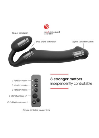 Безремневой страпон с вибрацией Strap-On-Me Vibrating Black L, диаметр 3,7см, пульт ДУ, регулируемый No Brand (366879302)