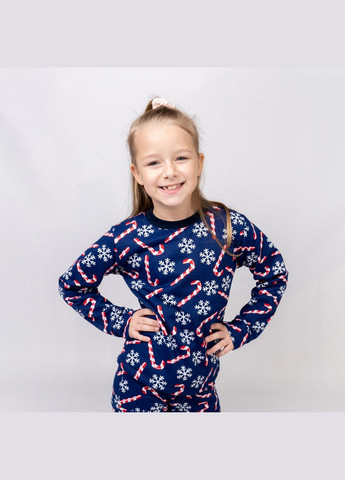 Синя всесезон піжама дитяча з начосом з зображенням різдвяних льодяників candy темно-синій dexter's