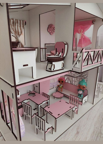 Ляльковий дерев'яний рожевий самозбірний будиночок для ляльок з меблями, зі сходами і панно на стіну No Brand (305076698)